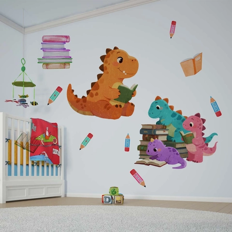 Adesivo da Parete Cartone Animato Dinosauro Ragazza che Legge PVC Impermeabile Mare Stella Marina Floreale Casa Decoro
