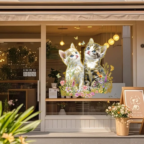 Schattige Katten En Bloemen Venstersticker PVC Dubbelzijdig Statisch Bronzen Glasdecoratie Voor Winkel Huisdecoratie