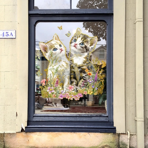 Schattige Katten En Bloemen Venstersticker PVC Dubbelzijdig Statisch Bronzen Glasdecoratie Voor Winkel Huisdecoratie