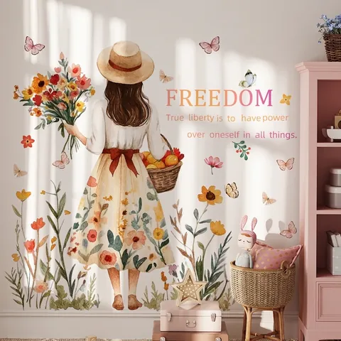 Stickers Muraux Fille De Dos Avec Fleurs Aquarelle PVC Autocollant Amovible Papillon Citation Liberté Déco Chambre