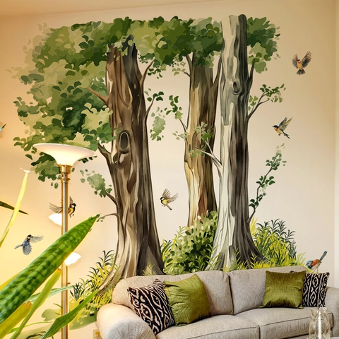 Grands Autocollants Muraux Arbre Vert Aquarelle Décalcomanies PVC Auto-adhésives Avec Oiseaux Pour Décor De Fond De Salon