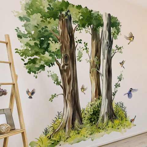 Grands Autocollants Muraux Arbre Vert Aquarelle Décalcomanies PVC Auto-adhésives Avec Oiseaux Pour Décor De Fond De Salon