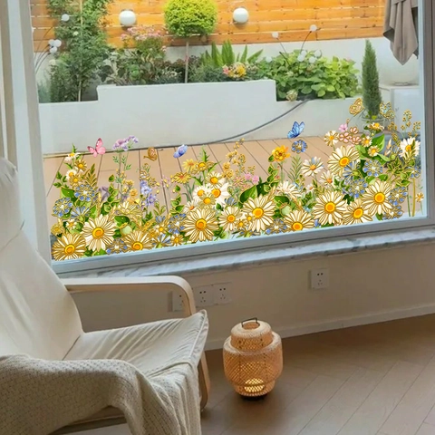Pegatinas Ventana Flores Margaritas Mariposas Estática PVC Doble Cara Calcomanías Cristal Decoración Hogar Oficina