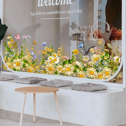 Pegatinas Ventana Flores Margaritas Mariposas Estática PVC Doble Cara Calcomanías Cristal Decoración Hogar Oficina