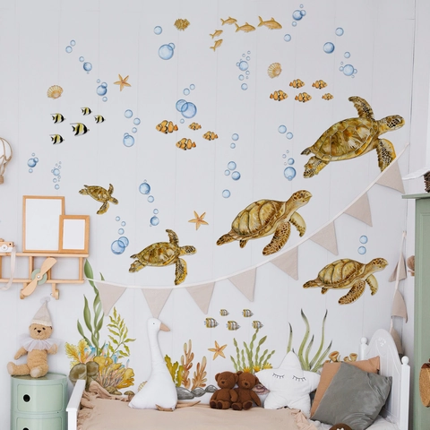 Autocollants Muraux Aquarelle Tortue De Mer Vie Marine Poissons Tropicaux Algues PVC Décalcomanies Pour Chambre D'enfants Crèche Imperméable