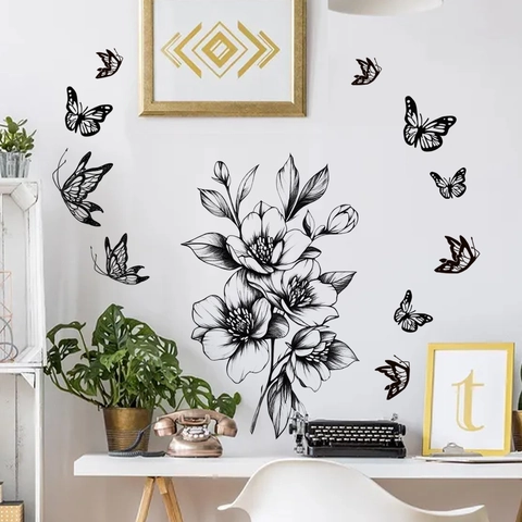 Modern Minimalist Black Line Drawing Flower Butterfly Wall Sticker Removable PVC Adhesive Decal For Living Room Home Decor
