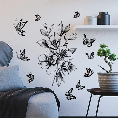 Minimalist Black Line Flower Butterfly Wall Stickers Waterproof PVC Self Adhesive Removable Decal For Living Room Home Decor