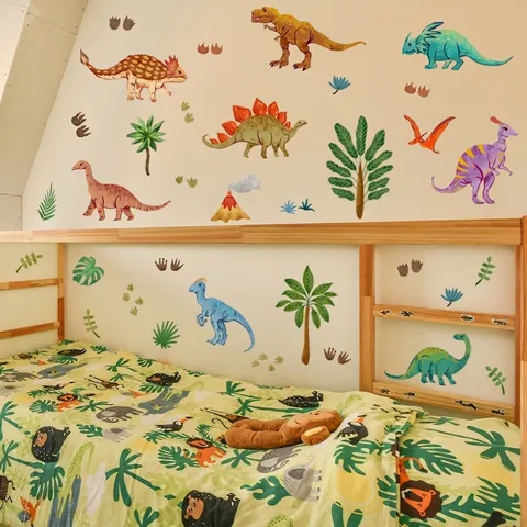 Cartoon Dinosaur Wall Stickers For Kids Room Decor PVC Self-Adhesive Watercolor Dinosaur Nursery Home Wall Decals Decor