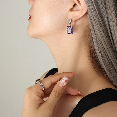 Rectangular Purple Zircon Drop Earrings Brass Wire Wrapped Geometric Fashion Jewelry For Women Silver Tone