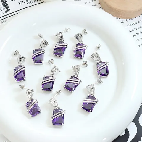 Rectangular Purple Zircon Drop Earrings Brass Wire Wrapped Geometric Fashion Jewelry For Women Silver Tone