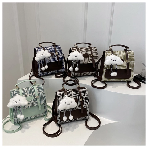 Retro Small Square Bag PU Leather Jacquard Fabric Contrast Color Stripe Mini Backpack Handbag With Cloud Charm