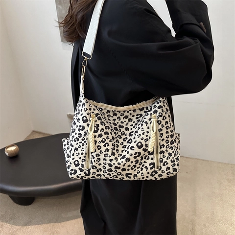 Leopardenmuster Nylon Tragetasche Mit Großer Kapazität Damen Lässige Schultertasche Umhängetasche Verstellbarer Breiter Gurt