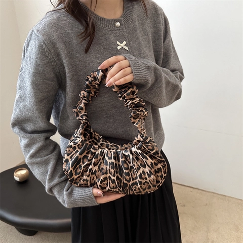 Mode Luipaardprint Geplooide Schoudertas Voor Dames Grote Capaciteit Nylon Okseltas Vintage Urban Handtas