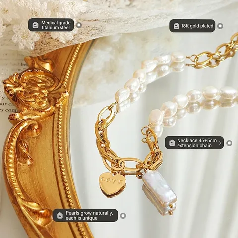 Collier Pendentif Cœur Perle Eau Douce Acier Titane Chaîne Épissée Plaqué Or 18K Style Baroque Bijoux Fête Femmes