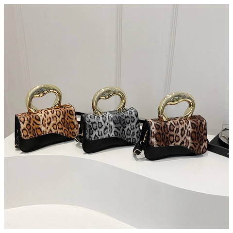 Leopard Print Handtasche PU Leder Metallgriff Crossbody Umhängetasche Satteltasche Kleine Quadratische Tasche