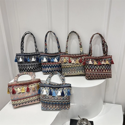 Borsa Tote in Tessuto Etnico Bohémien per Donna Multicolore Motivo Geometrico Nappa Grande Capacità Borsa a Tracolla Daily Vacanza Spiaggia