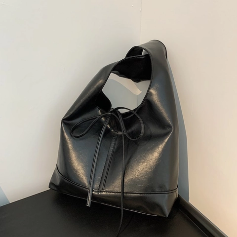 Bolso Tote de Cuero PU de Moda para Mujer Gran Capacidad Bolso de Hombro Color Sólido Lazo Decorativo Mano Conmutar