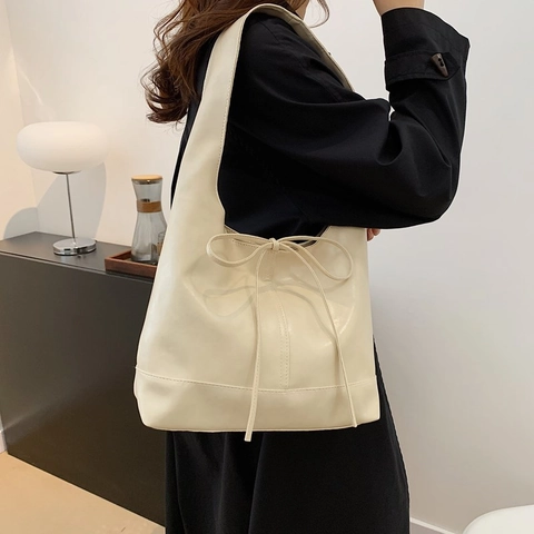 Bolso Tote de Cuero PU de Moda para Mujer Gran Capacidad Bolso de Hombro Color Sólido Lazo Decorativo Mano Conmutar