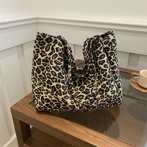 Borsa Tote in Tela con Stampa Leopardata Vintage Donna Grande Capacità Borsa a Tracolla in Velluto a Coste Casual Stile Coreano