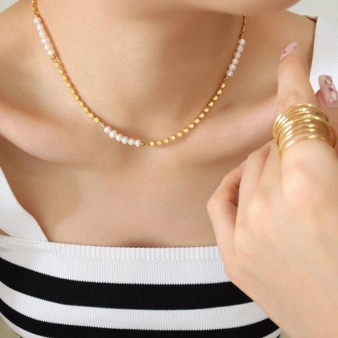 Minimalist Elegant Brass Necklace With Freshwater Pearl Splicing Geometric Bead Chain Jewelry For Women