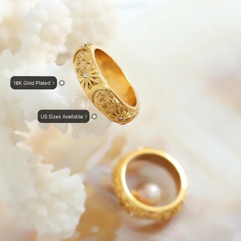 Vintage Celestial Band Ring Titanium Steel 18K Gold Plated Embossed Sun Moon Star Pattern Retro Jewelry For Women Men