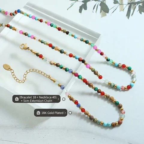 Boheemse Ketting En Armband Sieraden Veelkleurige Natuursteen Kralen Roestvrij Staal 18K Verguld Dames Etnisch Vintage