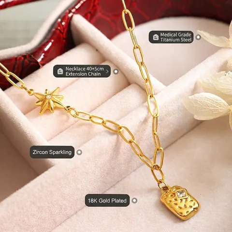 Star Square Tag Pendant Necklace Titanium Steel 18K Gold Plated Paperclip Chain Zircon Minimalist Jewelry For Women