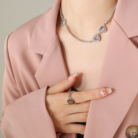 Collana In Acciaio Al Titanio Con Ciondolo A Cuore In Zircone Catena Tennis Per Donna Elegante Pendente A Cuore Rosa Bianco Gioielli