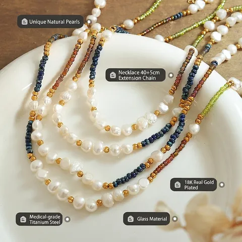 Bohemian Freshwater Pearl Choker Necklace Titanium Steel 18K Gold Plated Colorful Glass Beads Vintage Handmade Jewelry