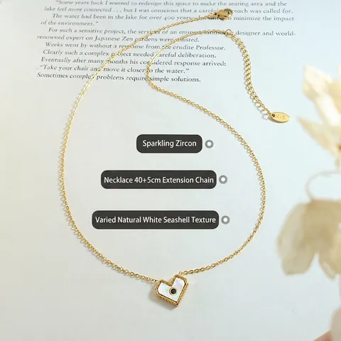 Collana Pendente a Cuore in Acciaio Inossidabile Vintage Con Intarsio in Conchiglia Bianca Accenti di Zirconia Gioielli per Donna