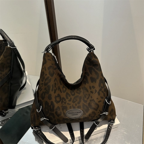 Damen Retro Leopardenmuster Tragetasche PU Leder Leinwand Große Kapazität Schulter Umhängetasche Für Den Täglichen Pendelverkehr