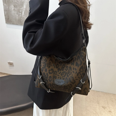 Damen Retro Leopardenmuster Tragetasche PU Leder Leinwand Große Kapazität Schulter Umhängetasche Für Den Täglichen Pendelverkehr