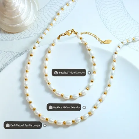 Baroque Freshwater Pearl Jewelry Set Necklace And Bracelet Titanium Steel Golden Spacers Elegant Retro French Style Women