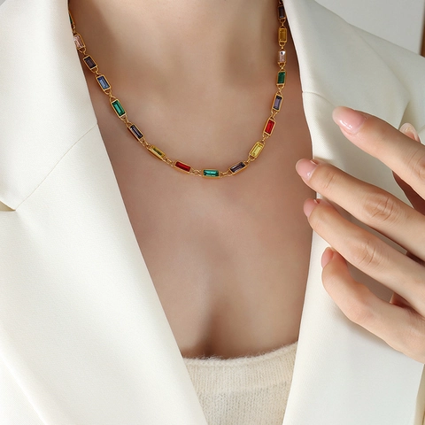 Colorful Rectangular Rhinestone Necklace And Bracelet Titanium Steel 18K Gold Plated Retro Niche Design Women