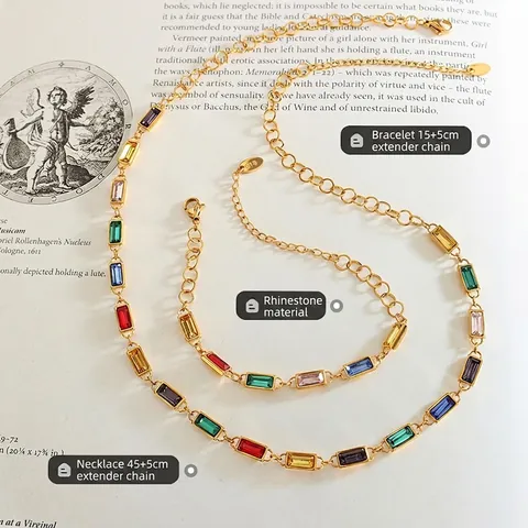 Colorful Rectangular Rhinestone Necklace And Bracelet Titanium Steel 18K Gold Plated Retro Niche Design Women