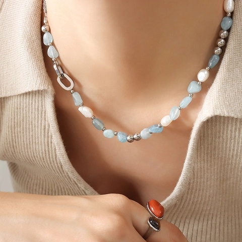 Collana in Acciaio Inossidabile Bohémien Pietra Naturale Blu Chiaro Perline Irregolari Perla d'Acqua Dolce Gioielli Donna