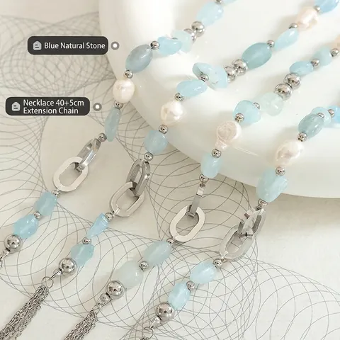 Collana in Acciaio Inossidabile Bohémien Pietra Naturale Blu Chiaro Perline Irregolari Perla d'Acqua Dolce Gioielli Donna