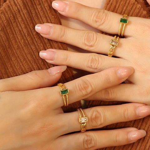 Vintage Rectangular Zircon Open Ring For Women Titanium Steel Gold Plated Twisted Rope Chain Design Retro Jewelry
