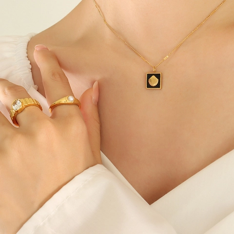 Necklace Earrings Jewelry Titanium Steel 18K Gold Plated Square Black Acrylic Relief Sea Shell Retro Elegant For Women