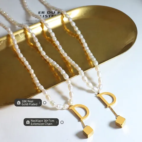 Freshwater Pearl Necklace With 18K Gold Plated Titanium Steel Letter D Pendant And Cube Tassel French Elegant Jewelry For Women