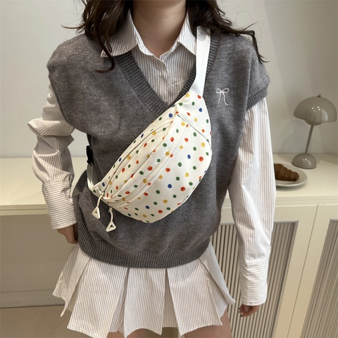 Women Trendy Colorful Polka Dot Nylon Belt Bag Casual Fashion Adjustable Strap Chest Crossbody Bag Small Shoulder Waist Bag