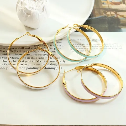 Orecchini A Cerchio Grandi Eleganti In Acciaio Al Titanio Placcato Oro 18K Smalto Colorato Tondo Gioielli Per Donna