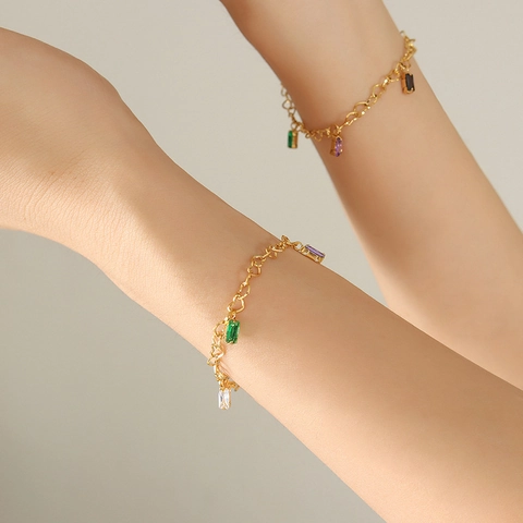 Heart Shaped Link Bracelet Stainless Steel 18K Gold Plated Multicolored Rectangular Zircon Elegant Trendy Jewelry For Women