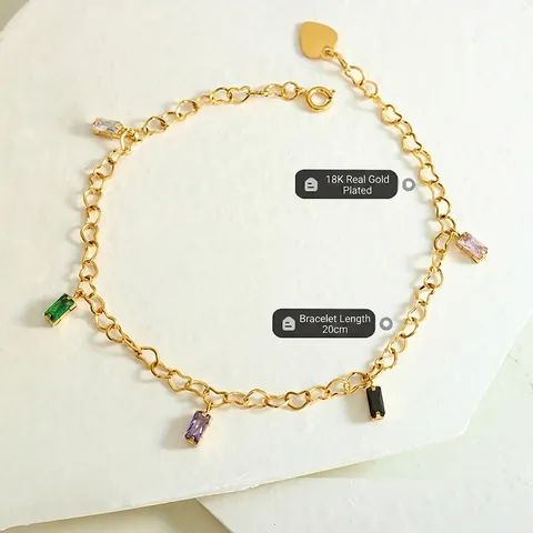 Heart Shaped Link Bracelet Stainless Steel 18K Gold Plated Multicolored Rectangular Zircon Elegant Trendy Jewelry For Women