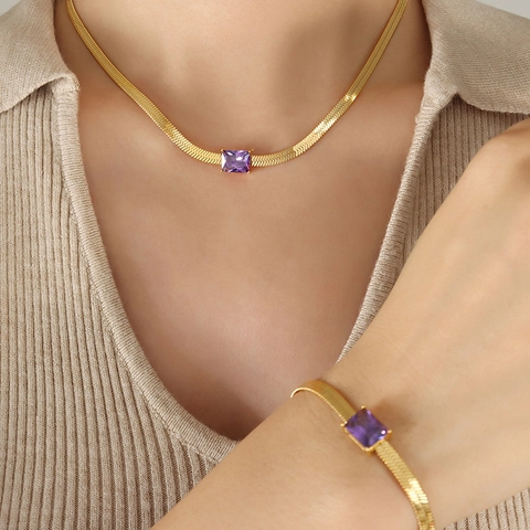Ketting En Armband Titanium Staal 18K Verguld Rechthoek Zirkoon Visgraat Ketting Vintage Chic Sieraden Voor Vrouwen