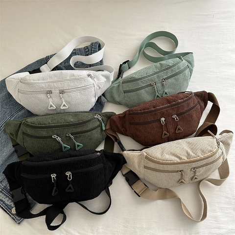 Women Corduroy Chest Bag Adjustable Strap Casual Solid Color Crossbody Waist Bag Multi Zipper Fashion Shoulder Bag
