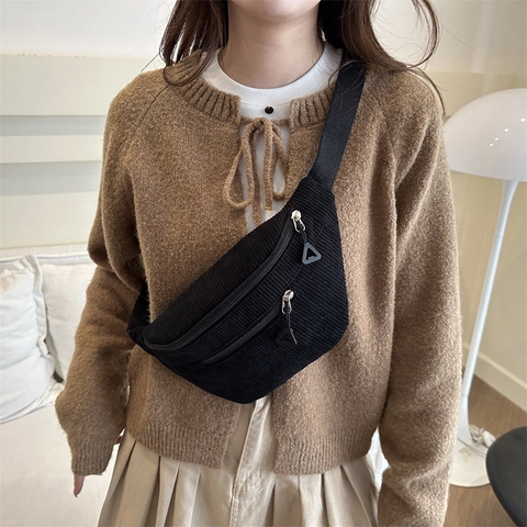 Damen Cord Brusttasche Einfarbig Lässig Gürteltasche Große Kapazität Crossbody Umhängetasche Retro Fanny Pack