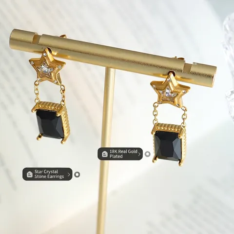 Pentagram Star Drop Earrings Titanium Steel 18K Gold Plated Rectangular Black Crystal Stone Vintage Fashion For Women