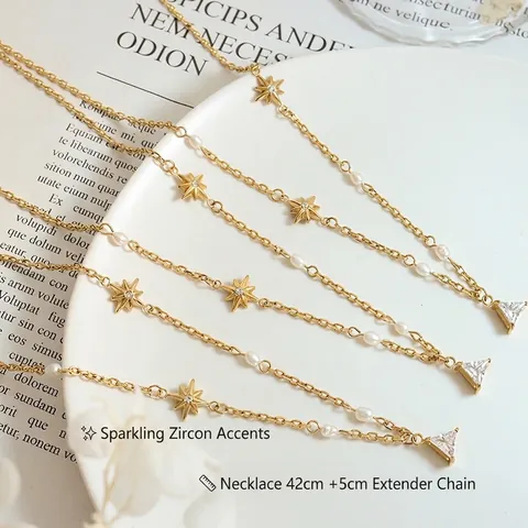 Triangle Zircon Starburst Pendant Necklace Titanium Steel 18K Gold Plated Freshwater Pearl Geometric Elegant Jewelry Women