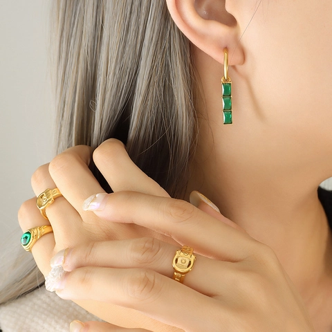 Hoop Dangle Earrings Emerald Green Rectangular Glass Stones 18K Gold Plated Titanium Steel Vintage Elegant Jewelry Women